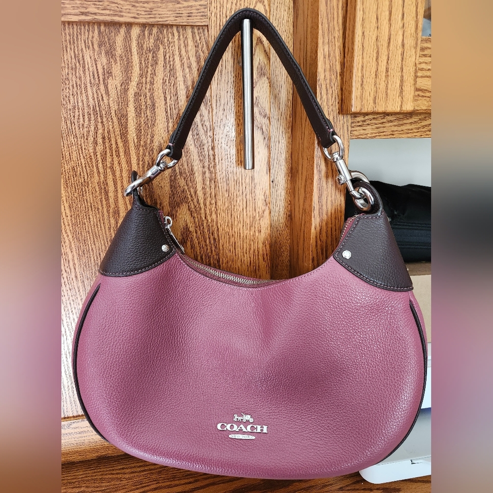 COACH Mauve Pink Leather Shoulder Hobo with Dark Plum Trim